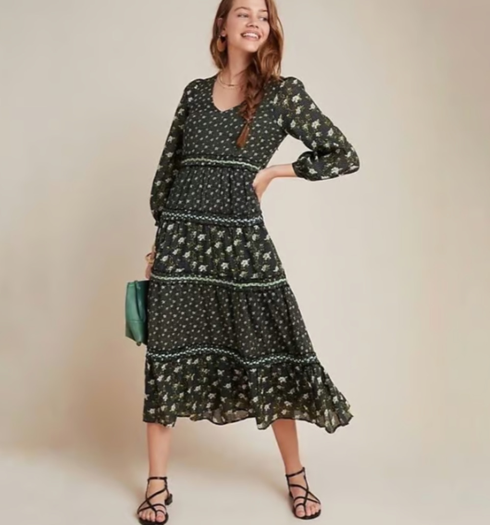 Anthropologie 0 Petite Karoline Boho Tiered Green and Black Floral Midi Dress